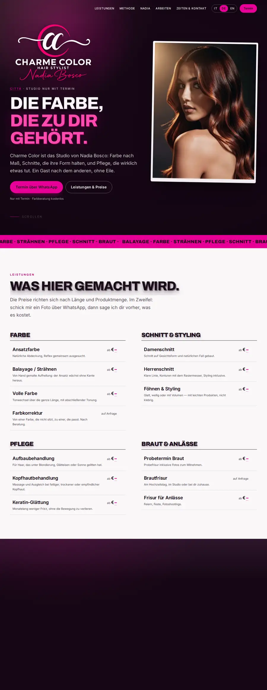 Aufnahme der Website des Friseursalons Charme Color